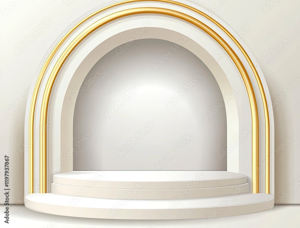 White background podium scene with a golden border and arch, a product display presentation vector illustration with geometric shapes in white color on a pastel light grey background, White background podium scene with a golden border and arch, a product display presentation vector illustration with geometric shapes in white color on a pastel light grey background,