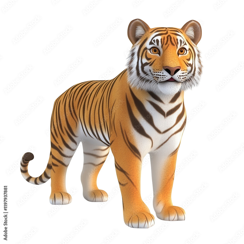 Obraz premium Realistic tiger standing tall in a vibrant pose against a plain background, showcasing its distinct orange and black stripes isolated on transparent background