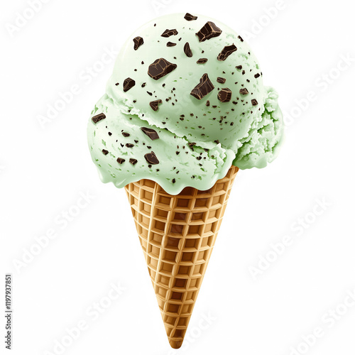 realistic mint chocolate chip ice cream cone isolated on transparent background. Generative Ai photo