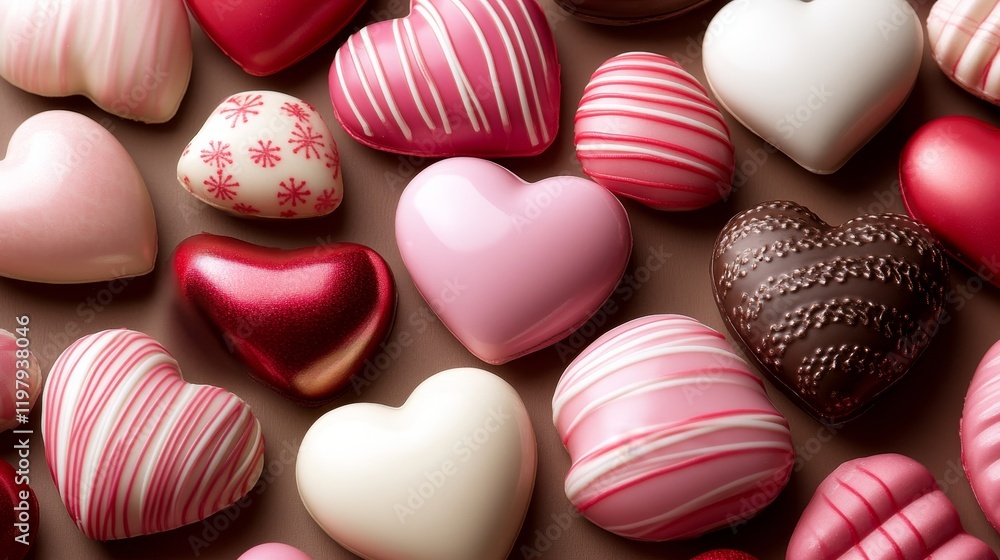 Romantic Valentines Day Background, A Scattering of Heart Shaped Chocolates In Pink, Red, and White Romantic Valentines Day Background, A Scattering of Heart Shaped Chocolates In Pink, Red, and White