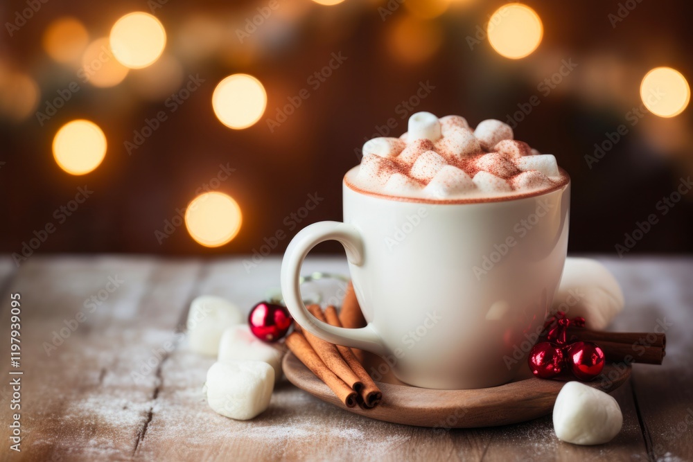 Cozy Winter Delight: Cup of Hot Cocoa with Marshmallows and Christmas Decor on Wood Background with Bokeh Effect Cozy Winter Delight: Cup of Hot Cocoa with Marshmallows and Christmas Decor on Wood Background with Bokeh Effect