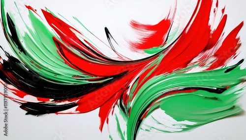 Vibrant Abstract Composition of Red, Black, and Green Paint Strokes against a White Background Expressive Artwork Showcasing Bold Colors and Textures