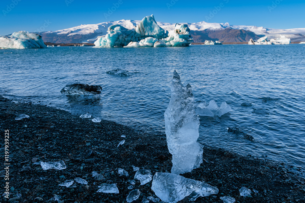 Jokulsarlon glacial lake with loose segments of glacier on the island of Iceland