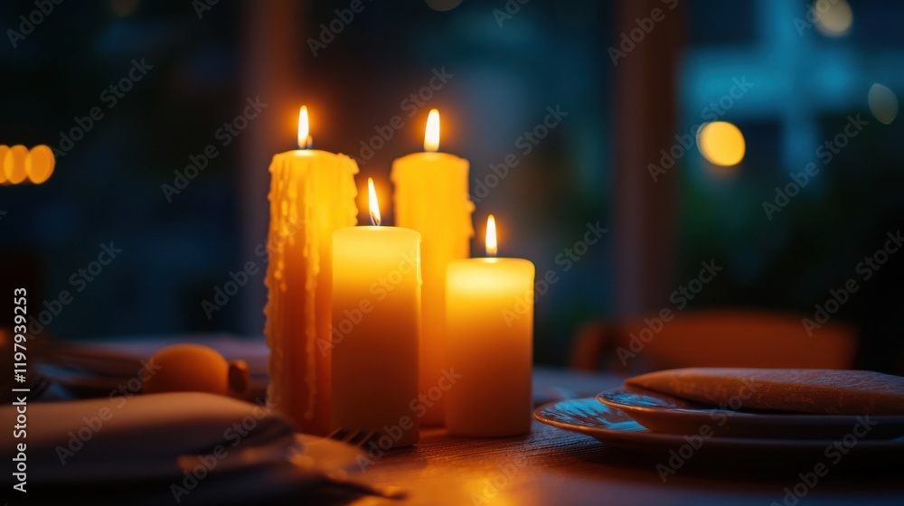 Romantic candlelit dinner setting with softly glowing blurred candles Romantic candlelit dinner setting with softly glowing blurred candles