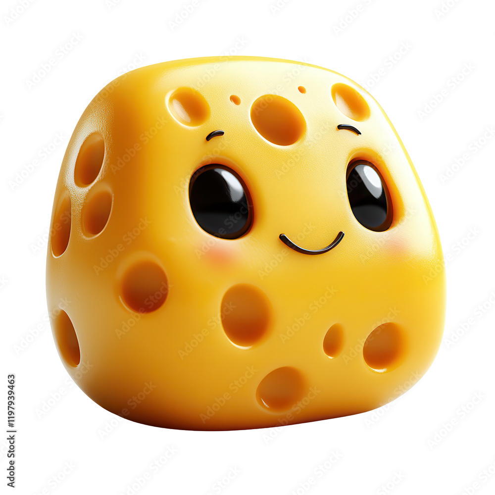 Fototapeta premium Cute cheese character with a happy face and big eyes sitting on a white background isolated on transparent background