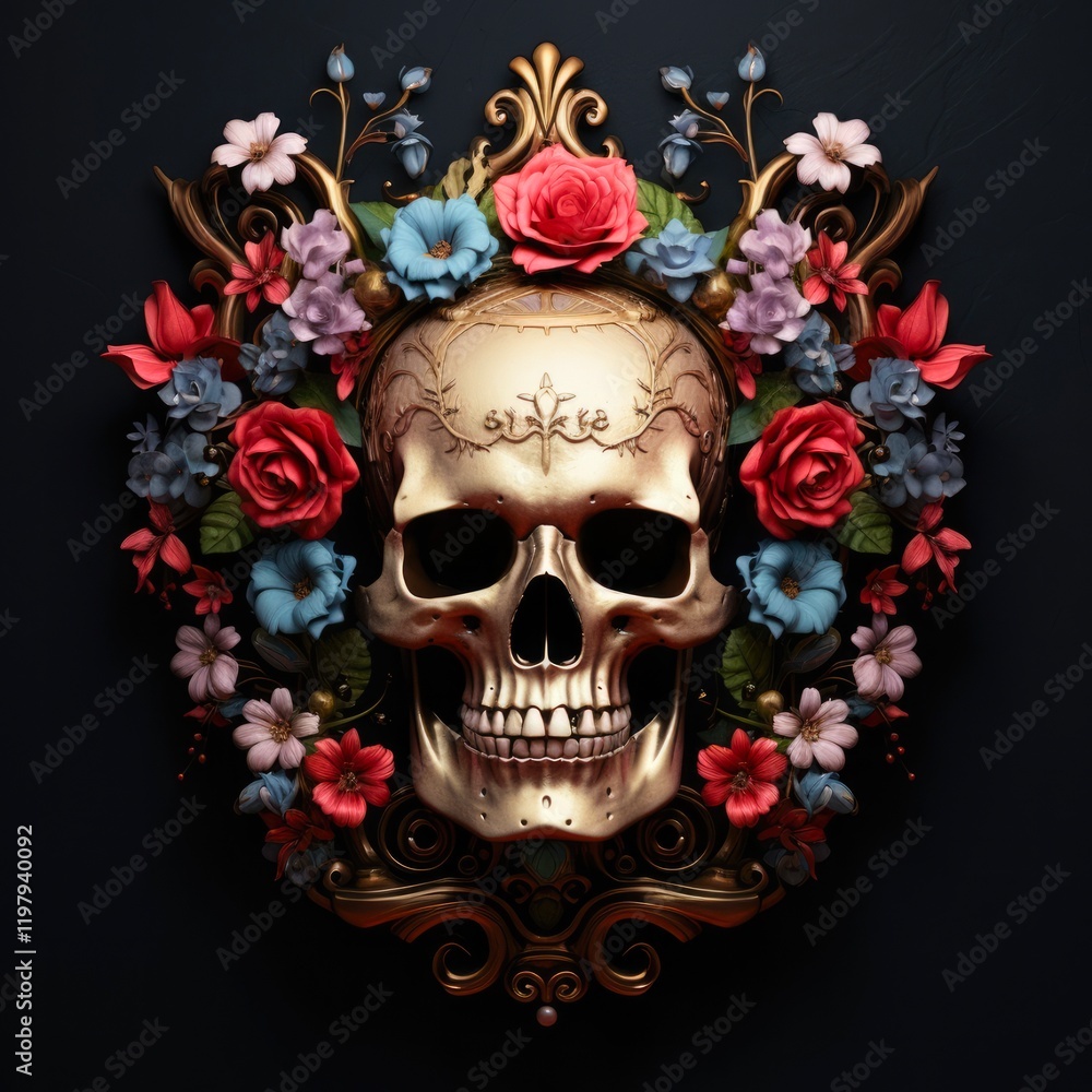 Crown of Flowers on Human Skull - 3D Rendered Art for Design, Tattoos or Other Creative Elements Crown of Flowers on Human Skull - 3D Rendered Art for Design, Tattoos or Other Creative Elements