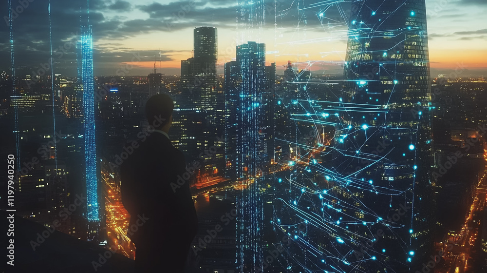 Abstract business man stands on the peak of success amid tall, innovative Smart city and graphs with statistics to analyze business potential and predict future developments in company growth. Abstract business man stands on the peak of success amid tall, innovative Smart city and graphs with statistics to analyze business potential and predict future developments in company growth.