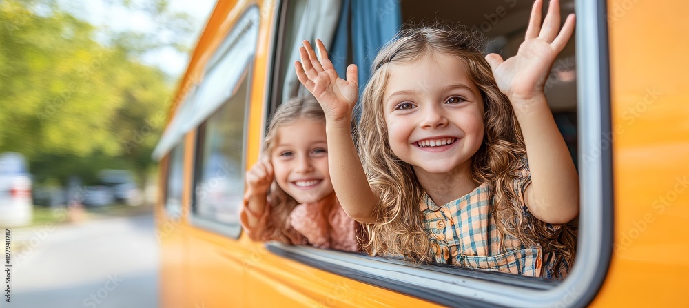 Joyful Adventures Await Children s Excitement Peaks as They Embark on a Journey in a Bright Van Joyful Adventures Await Children s Excitement Peaks as They Embark on a Journey in a Bright Van