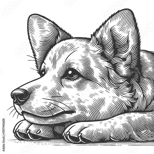 Welsh Corgi dog pet animal, showcasing engraved artistry sketch engraving generative ai vector illustration. Scratch board imitation. Black and white image.