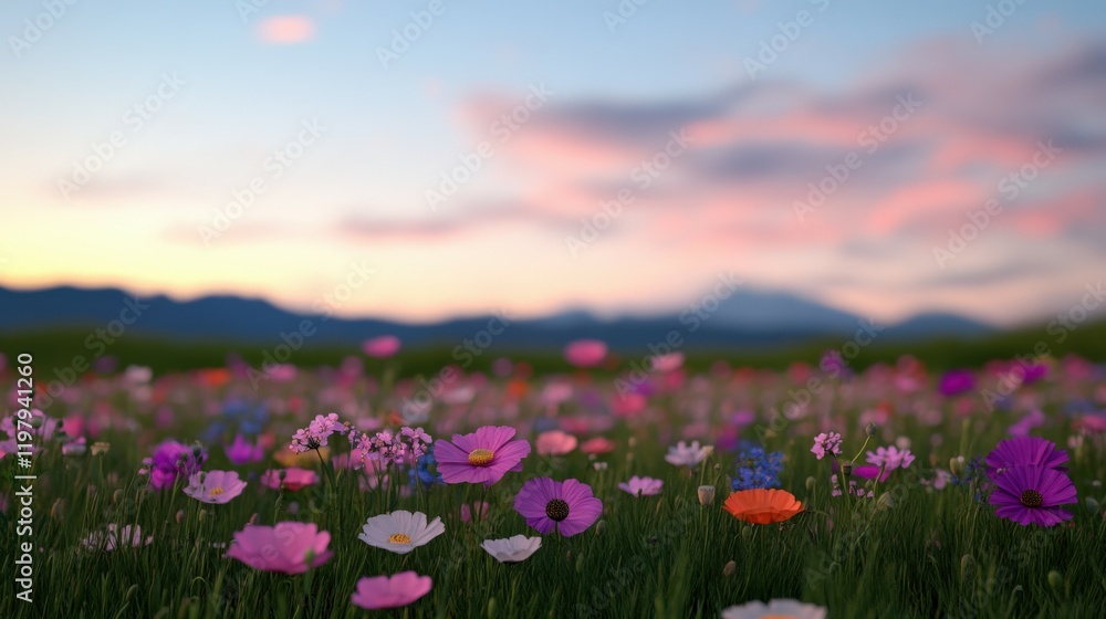 Fototapeta premium Colorful flower field at sunset with mountains in the distance