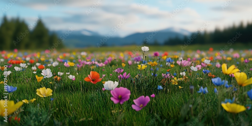 Obraz premium Colorful wildflower field in spring with mountains in the background