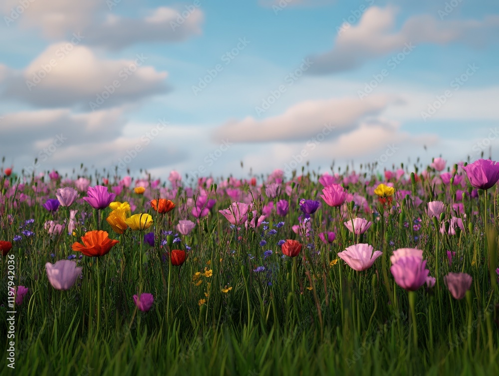Obraz premium Vibrant wildflower field under a sunny sky with fluffy clouds