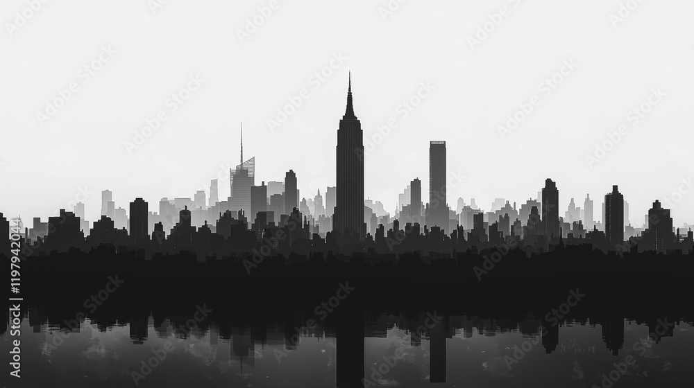 Fototapeta premium Skyline view of a city with iconic skyscrapers reflected on the water during twilight hours