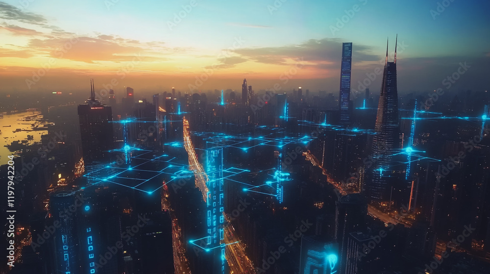 Obraz premium Abstract business man stands on the peak of success amid tall, innovative Smart city and graphs with statistics to analyze business potential and predict future developments in company growth.