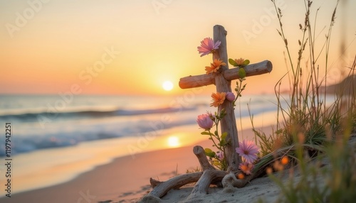 A wooden cross is on the beach with flowers around it. The scene is serene and peaceful, with the sun setting in the background