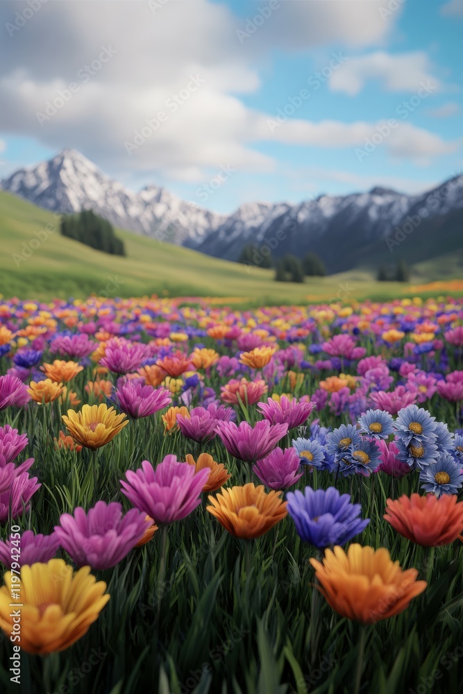 Obraz premium Vibrant wildflower field in the mountains during a sunny day