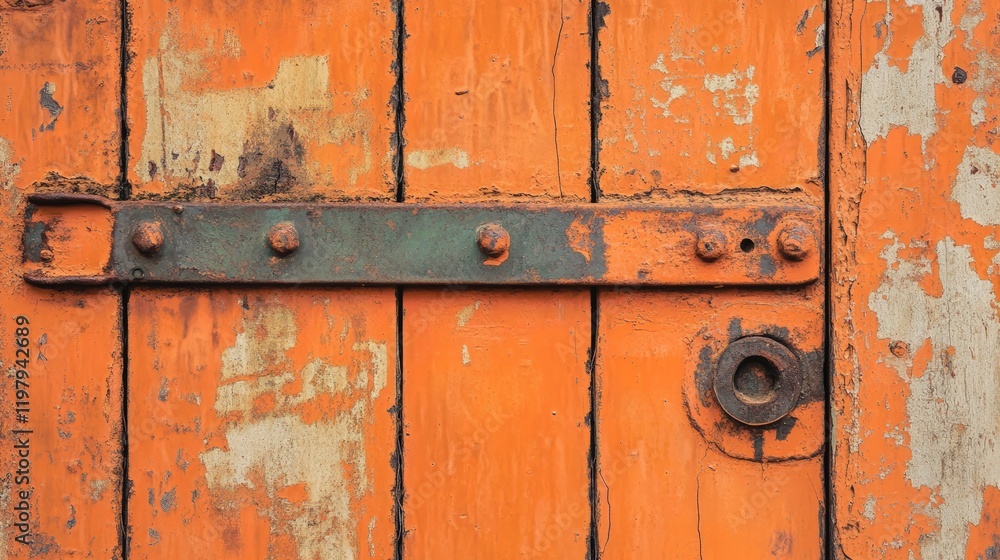 Fototapeta premium Vintage Orange Door with Rusty Locking Mechanism and Weathered Wood