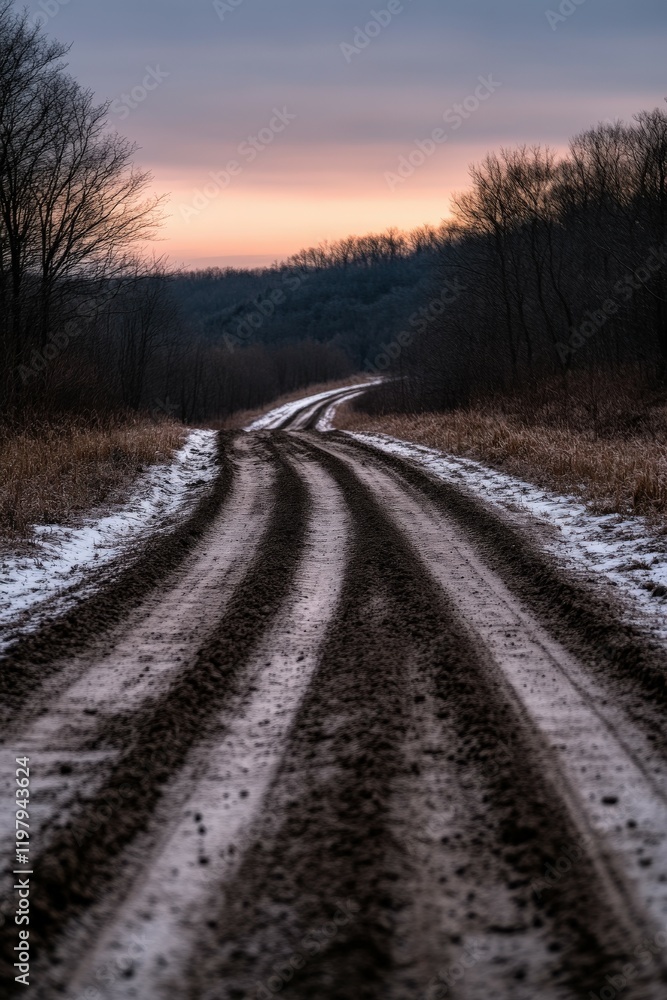 Winding dirt road through winter landscape at dusk Winding dirt road through winter landscape at dusk