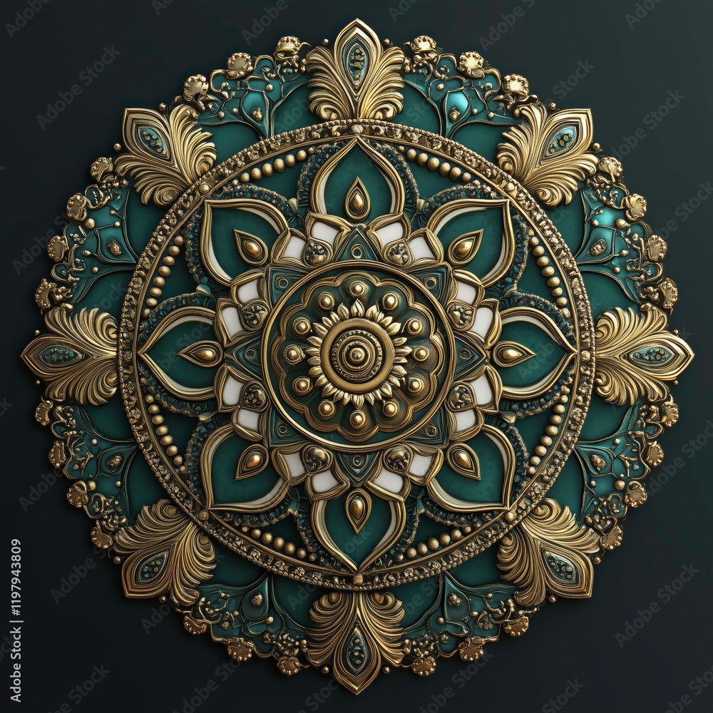 Ornate Teal and Gold Mandala: A meticulously detailed 3D rendering of a circular mandala, showcasing an intricate design with teal and gold accents. Ornate Teal and Gold Mandala: A meticulously detailed 3D rendering of a circular mandala, showcasing an intricate design with teal and gold accents.
