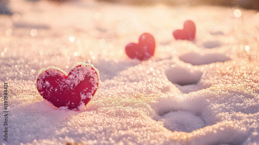Fototapeta premium Romantic Valentine's Day background with heart-shaped footprints in snow