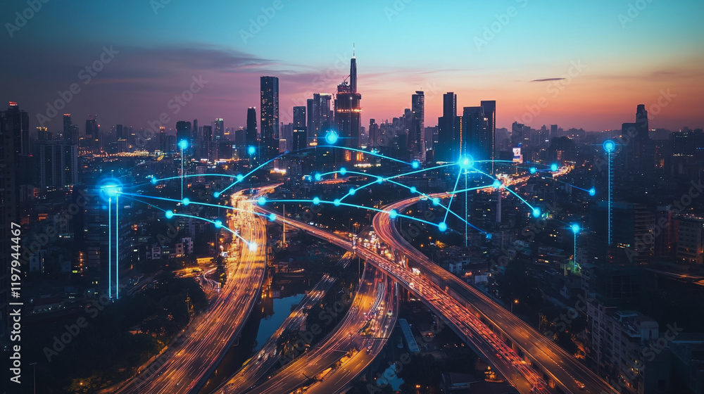 Fototapeta premium Abstract business man stands on the peak of success amid tall, innovative Smart city and graphs with statistics to analyze business potential and predict future developments in company growth.