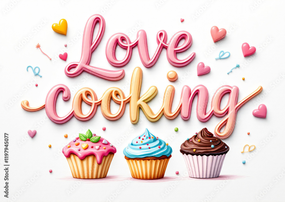 3D phrase Love cooking in decorative lettering style with cupcakes, hearts. Kitchen quote for greeting cards, posters, print design, wall art, blog post, bakery branding materials. 3D phrase Love cooking in decorative lettering style with cupcakes, hearts. Kitchen quote for greeting cards, posters, print design, wall art, blog post, bakery branding materials.