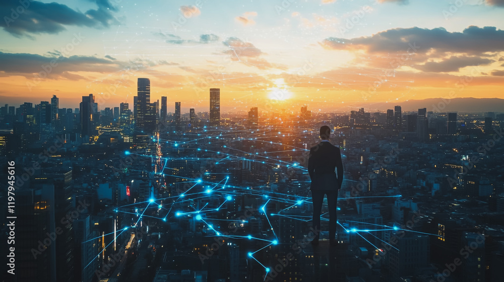 Abstract business man stands on the peak of success amid tall, innovative Smart city and graphs with statistics to analyze business potential and predict future developments in company growth. Abstract business man stands on the peak of success amid tall, innovative Smart city and graphs with statistics to analyze business potential and predict future developments in company growth.