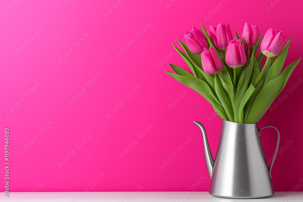 bouquet of fresh pink tulips arranged in a simple, elegant silver pitcher bouquet of fresh pink tulips arranged in a simple, elegant silver pitcher