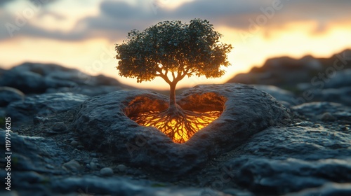 Heart-shaped rock surrounding a glowing tree at sunset displays nature's beauty and resilience in a stunning landscape