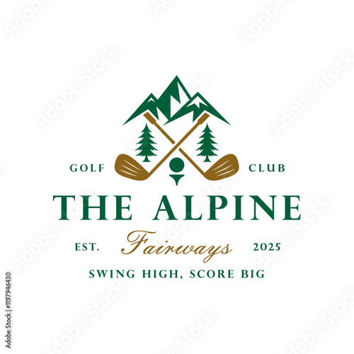 Mountain Golf Course with Forest Tree, Golf Stick, Ball Emblem Badge Logo Design
