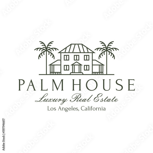 Luxury Vintage Palm Tree House Villa Resort Beach Logo Illustration