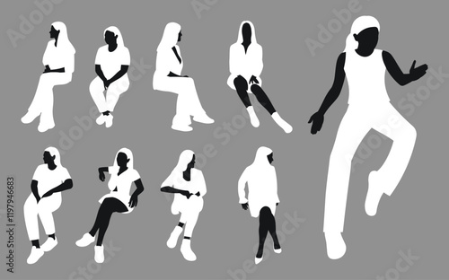 Group of female people, black body silhouette
