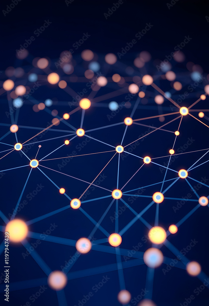 Abstract network connections with glowing dots and lines on a dark blue background, concept of digital communication. 3D Rendering, detailed, with white tones Abstract network connections with glowing dots and lines on a dark blue background, concept of digital communication. 3D Rendering, detailed, with white tones