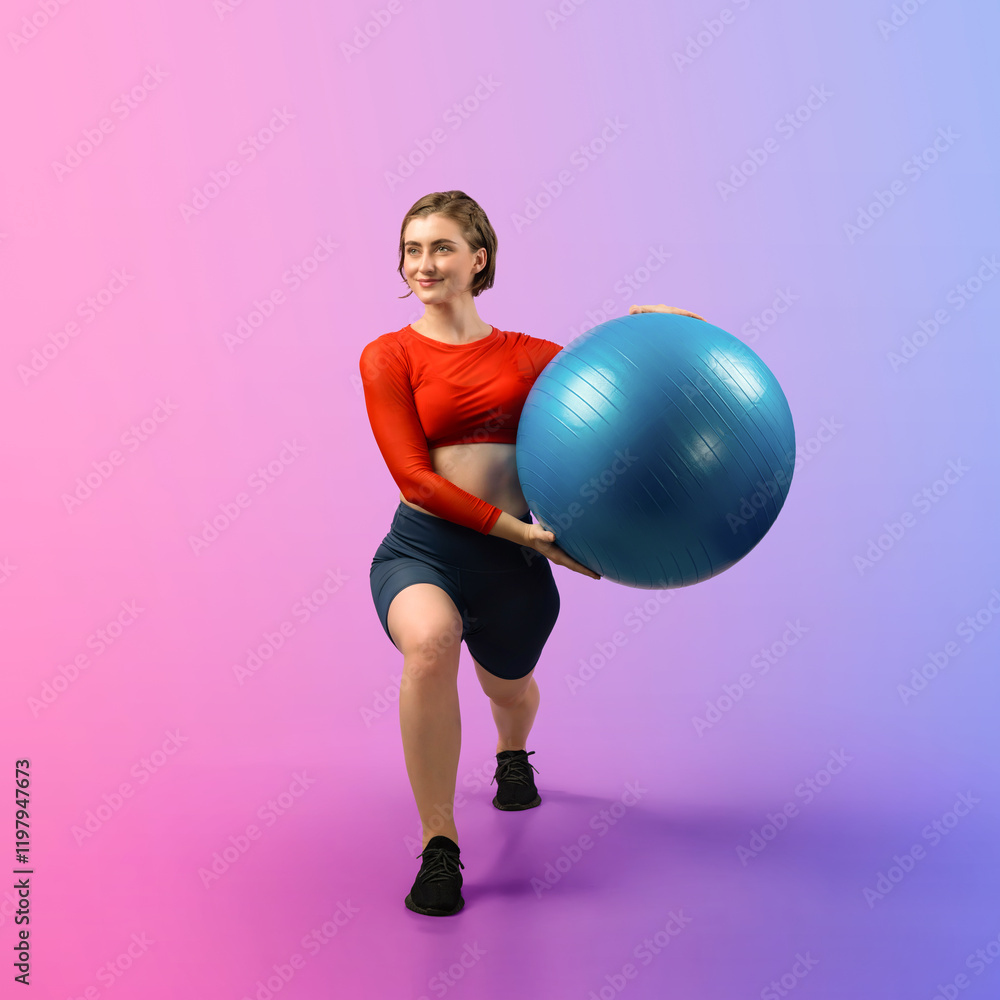 Full body length gaiety shot athletic and sporty young woman with fitness exercising ball in standing posture on isolated background. Healthy active and body care lifestyle.