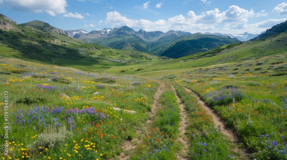 A scenic view of a vibrant meadow with wildflowers and mountains in the background under a blue sky. A scenic view of a vibrant meadow with wildflowers and mountains in the background under a blue sky.
