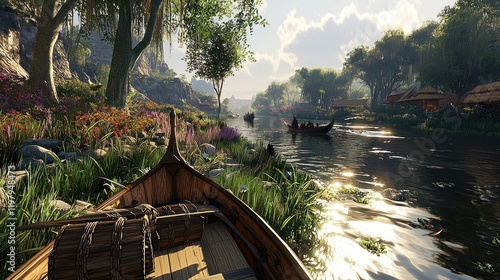 Riverboat journey, lush scenery, village background, game scene