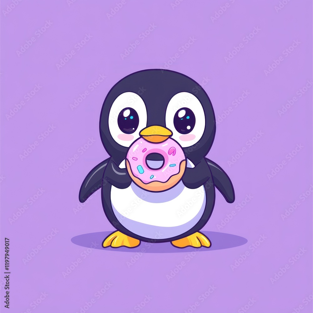 Obraz premium Cute penguin eating donut, purple background, kids illustration