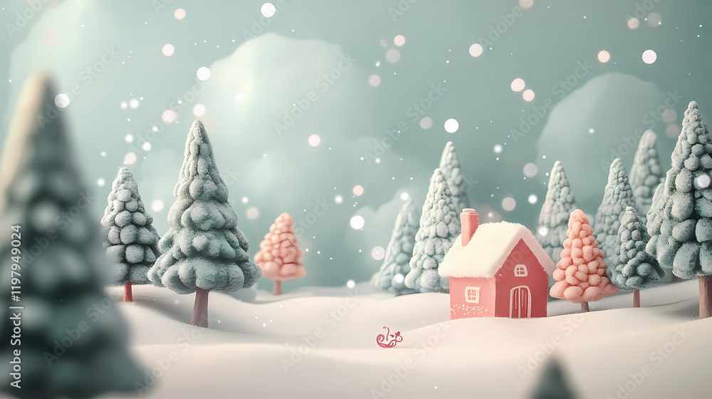 Fototapeta premium A whimsical winter scene in soft pastels captures the magic of a snowy wonderland. Sunweave. Illustration