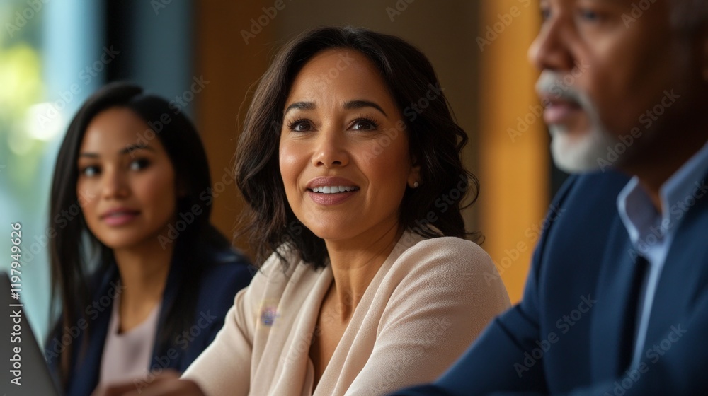 Three people are sitting at a table, one of them is smiling. The woman in the middle is wearing a white blouse and a blue jacket. The other two people are wearing suits Three people are sitting at a table, one of them is smiling. The woman in the middle is wearing a white blouse and a blue jacket. The other two people are wearing suits