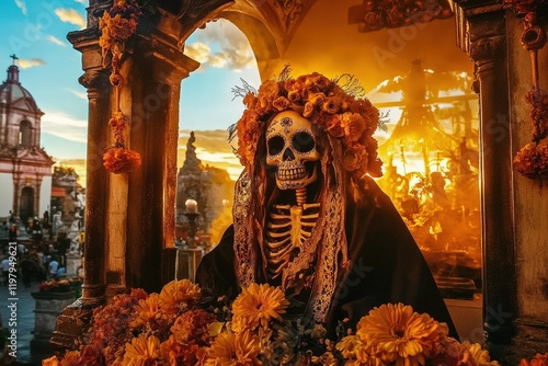 Altar dedicated to the Grim Reaper showcases cultural artistry. photo