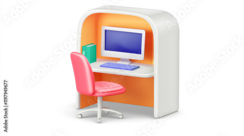 A colorful miniature desk setup featuring a computer, chair, and shelf, perfect for imaginative play and decoration.