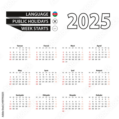 2025 calendar in Azerbaijani language, week starts from Sunday.