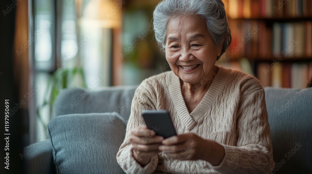 A woman is sitting on a couch and smiling while holding a cell phone. She is happy and content A woman is sitting on a couch and smiling while holding a cell phone. She is happy and content