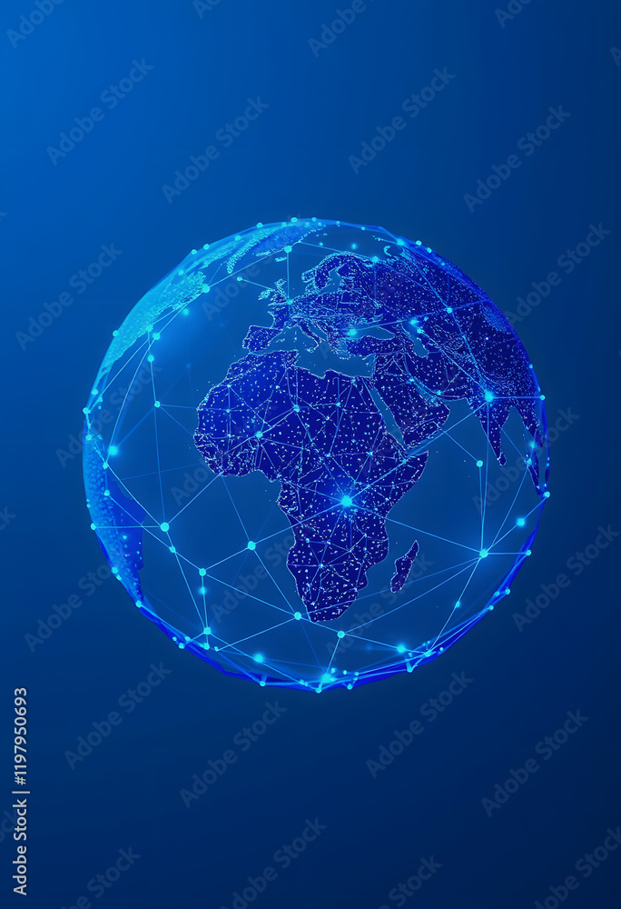 Fototapeta premium Blue network mesh covering the globe, indicating global connectivity and internet infrastructure, studio lighting, with white tones