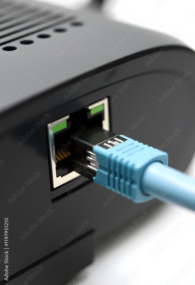 Macro of LAN ethernet port with network cable connected to router, with white tones Macro of LAN ethernet port with network cable connected to router, with white tones