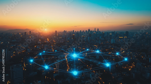 Abstract business man stands on the peak of success amid tall, innovative Smart city and graphs with statistics to analyze business potential and predict future developments in company growth.