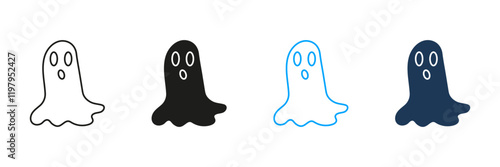 Scary Ghost Line and Silhouette Icon Set. Spooky Halloween Spirit Symbol. Editable Stroke. Isolated Vector Illustration