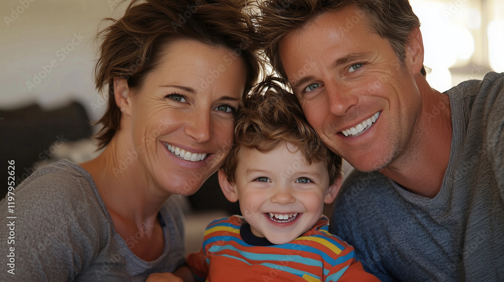 Happy Family Portrait with Young Son on Cozy Sofa Happy Family Portrait with Young Son on Cozy Sofa