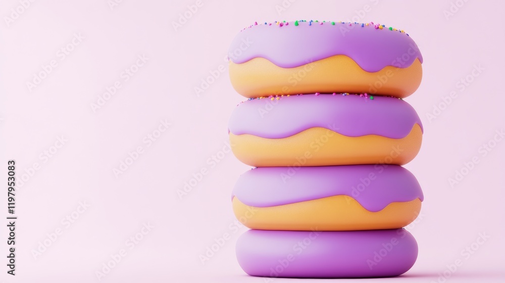 Colorful donuts stacked on top of each other, featuring purple icing and sprinkles, set against a soft pink background.