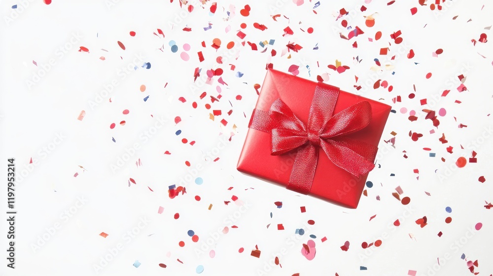 Festive Red Gift Box Surrounded by Colorful Confetti Festive Red Gift Box Surrounded by Colorful Confetti